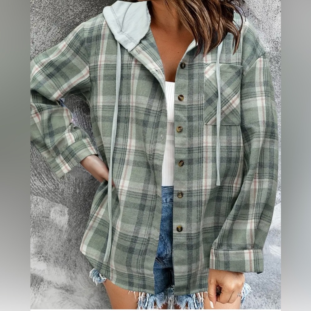 Lightweight Hooded Plaid Flannel Button Front Shirt Sage Green - Picture 2 of 7